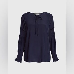 Sea New York Navy Blue Silk Long Sleeve Blouse Smocked Ruffle Cuffs Tie Neck 2